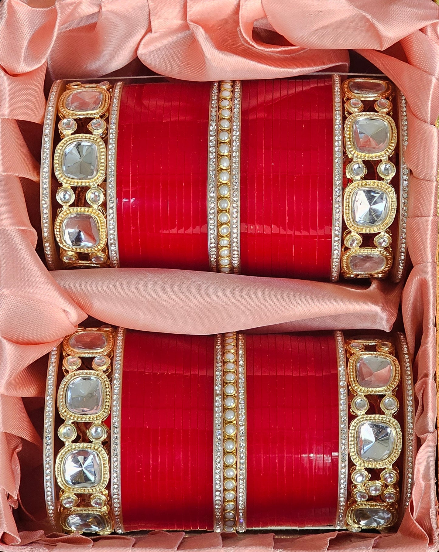 Mehpriye Red Bridal Bangles with Gold and Mirror Detailing