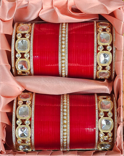 Mehpriye Red Bridal Bangles with Gold and Mirror Detailing