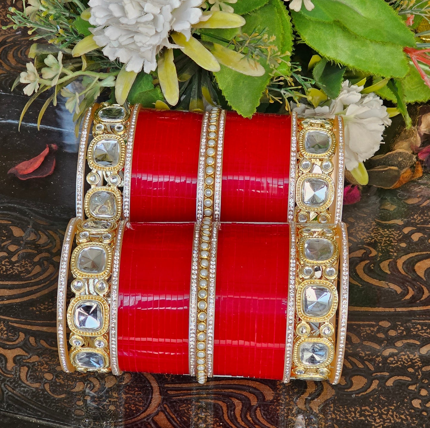 Mehpriye Red Bridal Bangles with Gold and Mirror Detailing