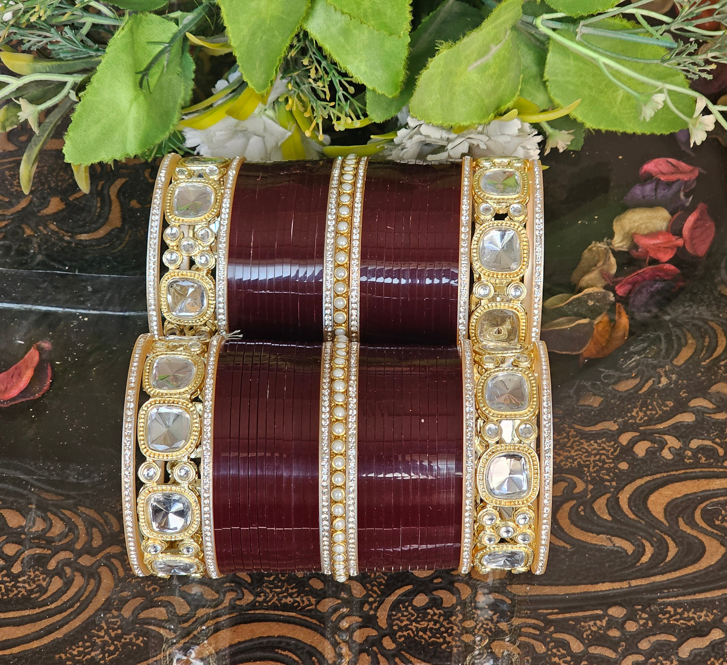 Mehpriye Maroon Bridal Bangles with Gold and Mirror Detailing