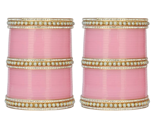 Elegant Pink & Gold Bangle Set with Pearl and Crystal Detailing